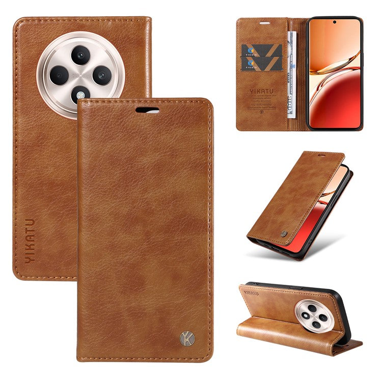YIKATU YK-006 For Oppo Reno12 F 4G Case Wallet Litchi Grain Leather Phone Cover Magnetic Auto-Absorbed - Brown