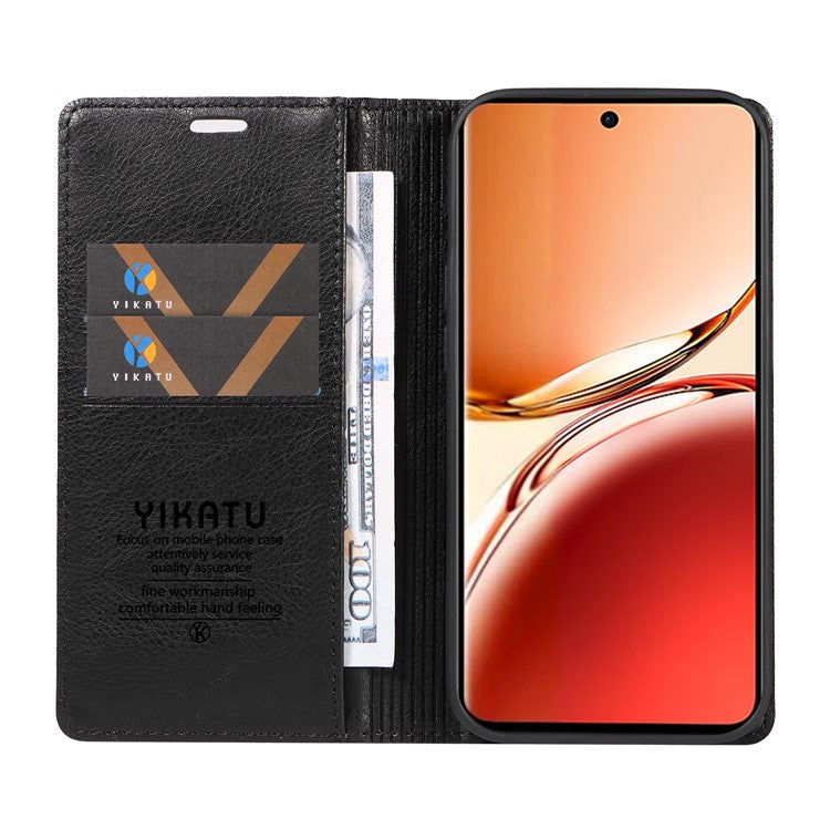 YIKATU YK-006 For Oppo Reno12 F 4G Case Wallet Litchi Grain Leather Phone Cover Magnetic Auto-absorbed - Black