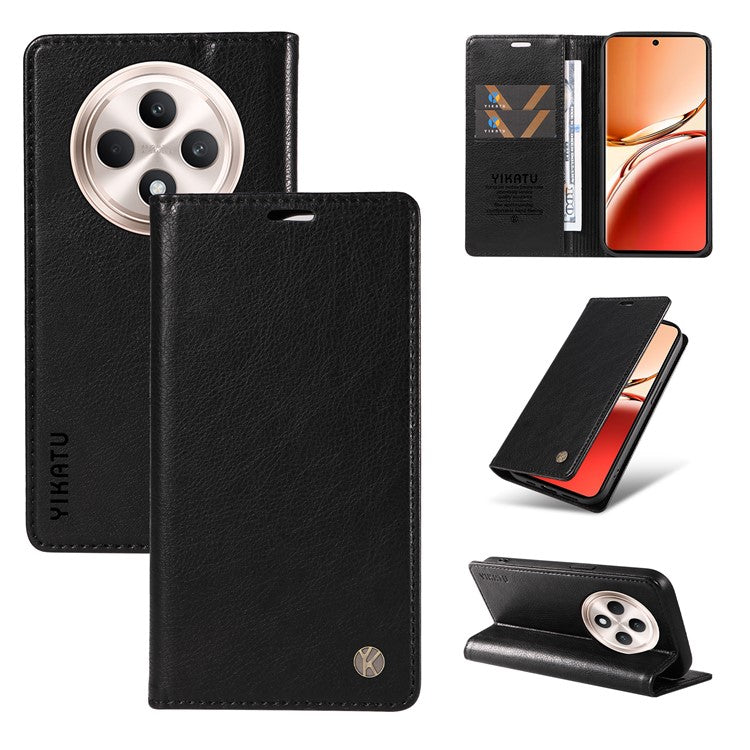 YIKATU YK-006 For Oppo Reno12 F 4G Case Wallet Litchi Grain Leather Phone Cover Magnetic Auto-absorbed - Black