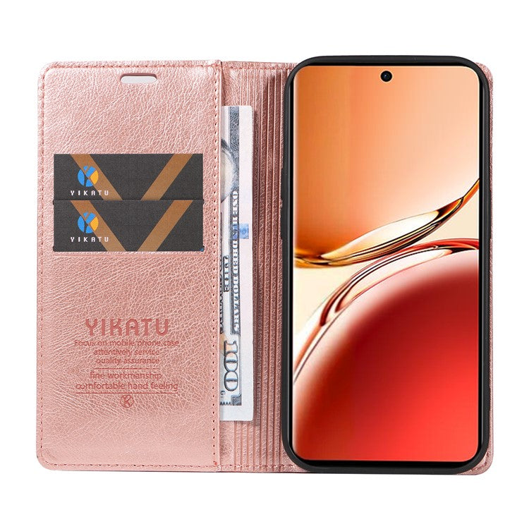 YIKATU YK-006 For Oppo Reno12 F 4G Case Wallet Litchi Grain Leather Phone Cover Magnetic Auto-absorbed - Rose Gold