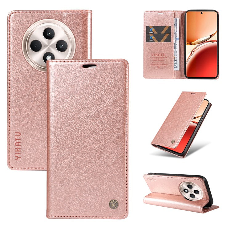 YIKATU YK-006 For Oppo Reno12 F 4G Case Wallet Litchi Grain Leather Phone Cover Magnetic Auto-absorbed - Rose Gold