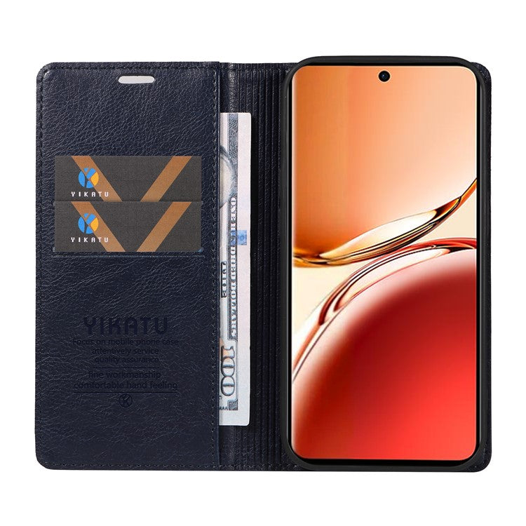 YIKATU YK-006 For Oppo Reno12 F 4G Case Wallet Litchi Grain Leather Phone Cover Magnetic Auto-absorbed - Navy Blue