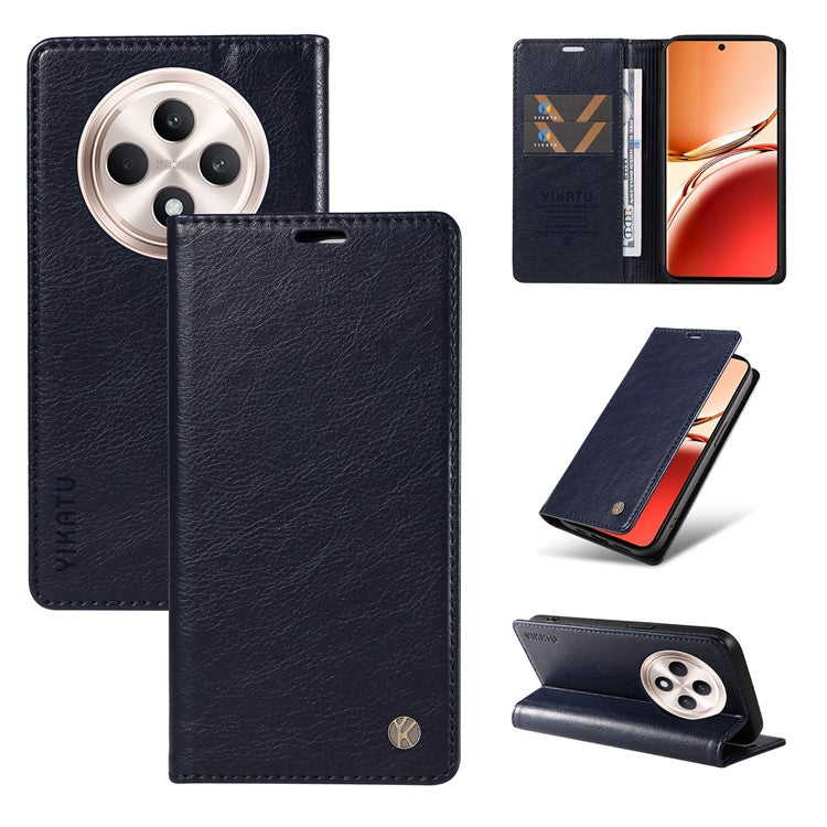 YIKATU YK-006 For Oppo Reno12 F 4G Case Wallet Litchi Grain Leather Phone Cover Magnetic Auto-absorbed - Navy Blue