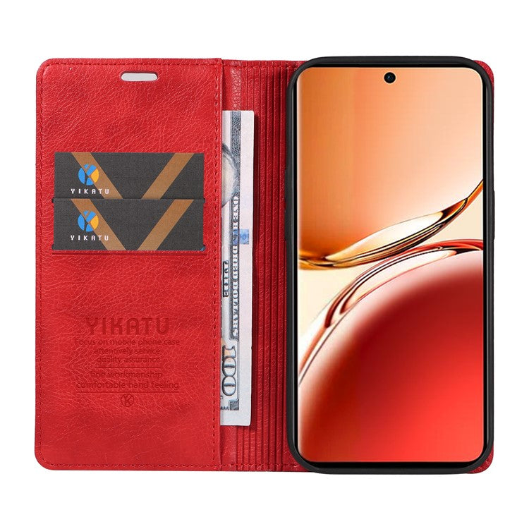 YIKATU YK-006 For Oppo Reno12 F 4G Case Wallet Litchi Grain Leather Phone Cover Magnetic Auto-absorbed - Red