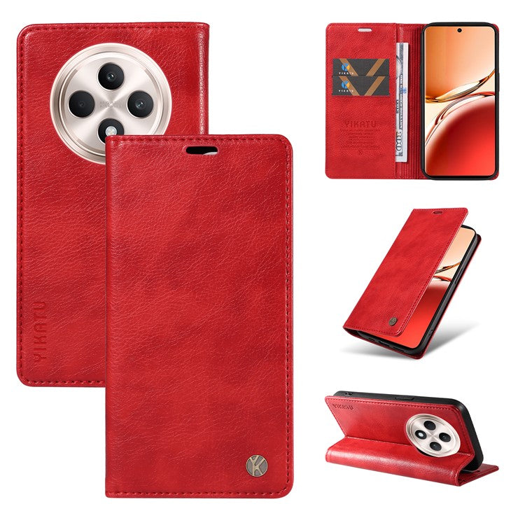YIKATU YK-006 For Oppo Reno12 F 4G Case Wallet Litchi Grain Leather Phone Cover Magnetic Auto-absorbed - Red