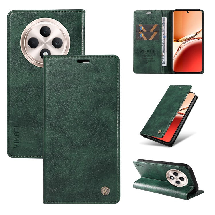 YIKATU YK-006 For Oppo Reno12 F 4G Case Wallet Litchi Grain Leather Phone Cover Magnetic Auto-absorbed - Green