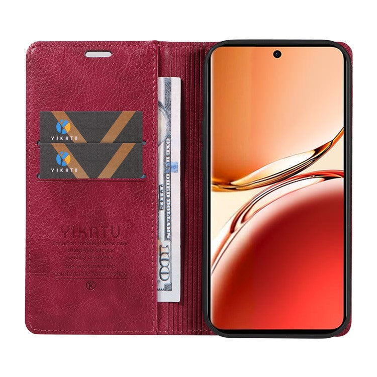 YIKATU YK-006 For Oppo Reno12 F 4G Case Wallet Litchi Grain Leather Phone Cover Magnetic Auto-absorbed - Wine Red