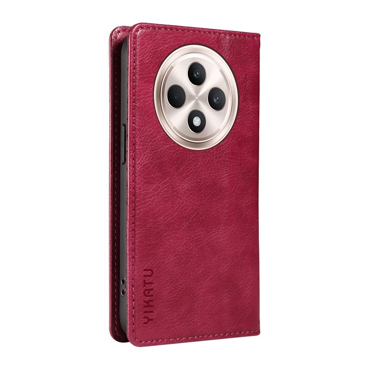 YIKATU YK-006 For Oppo Reno12 F 4G Case Wallet Litchi Grain Leather Phone Cover Magnetic Auto-absorbed - Wine Red