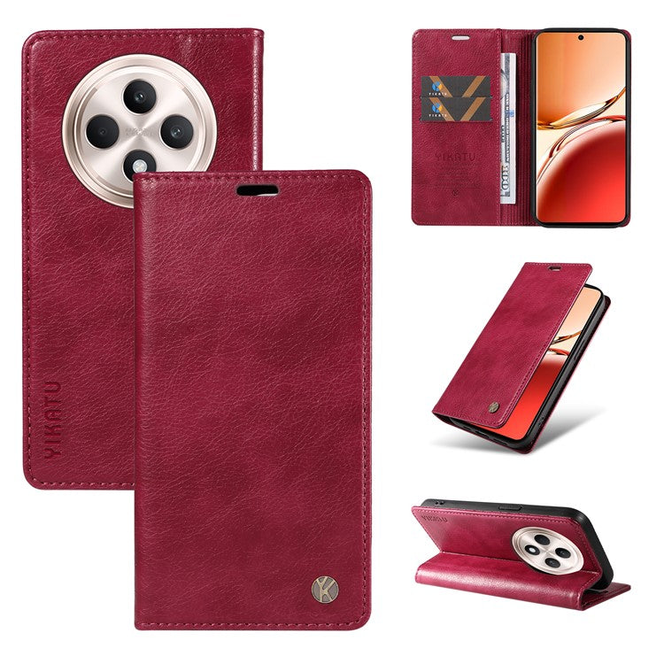 YIKATU YK-006 For Oppo Reno12 F 4G Case Wallet Litchi Grain Leather Phone Cover Magnetic Auto-absorbed - Wine Red