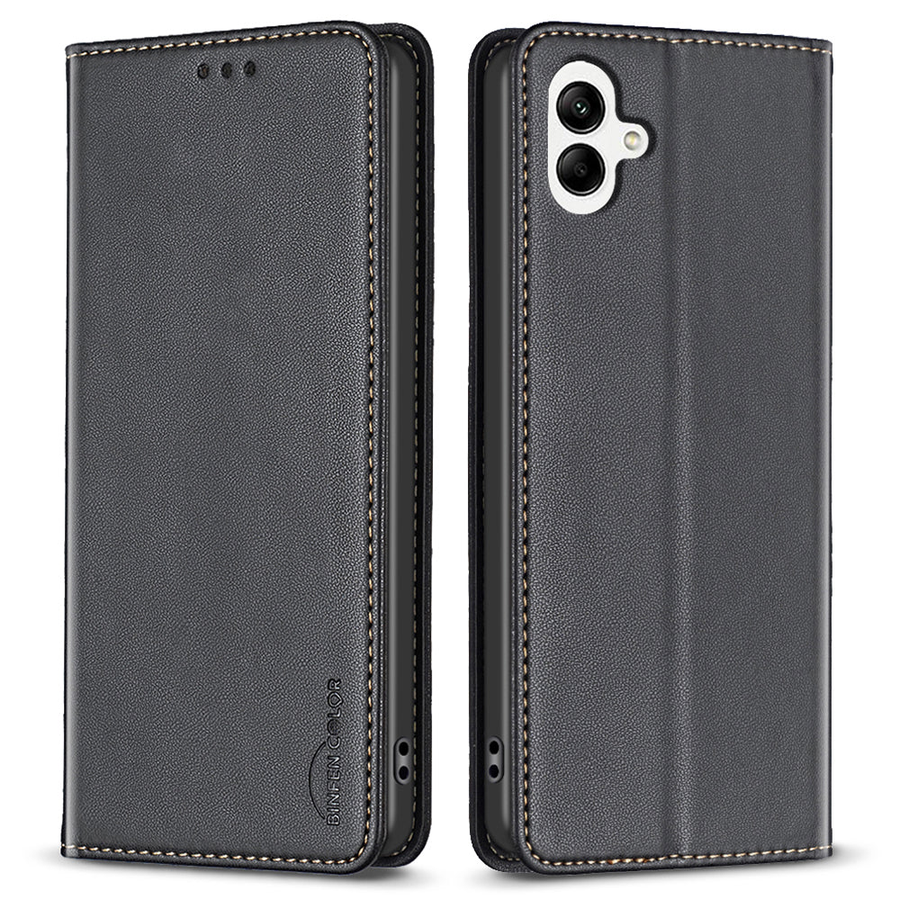 BINFEN COLOR BF18 For Samsung Galaxy A06 Leather Case Card Slots Phone Cover - Black