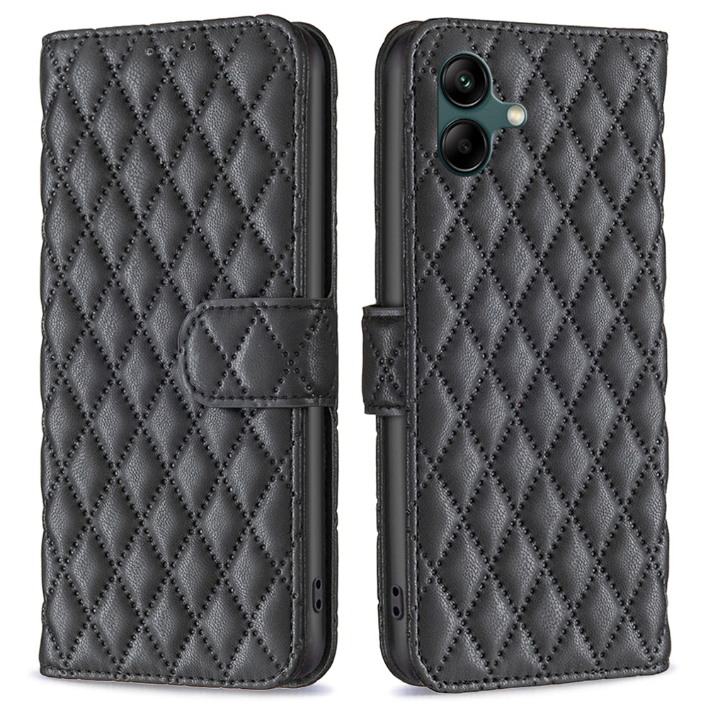 BINFEN COLOR BF Style-14 For Samsung Galaxy A06 Case PU Leather Rhombus Phone Cover - Black