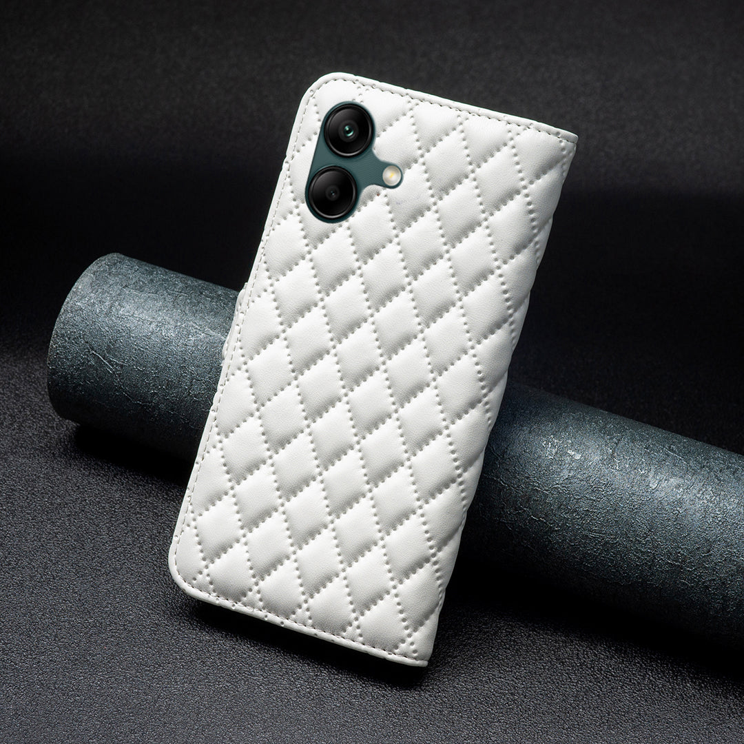 BINFEN COLOR BF Style-14 For Samsung Galaxy A06 Case PU Leather Rhombus Phone Cover - White