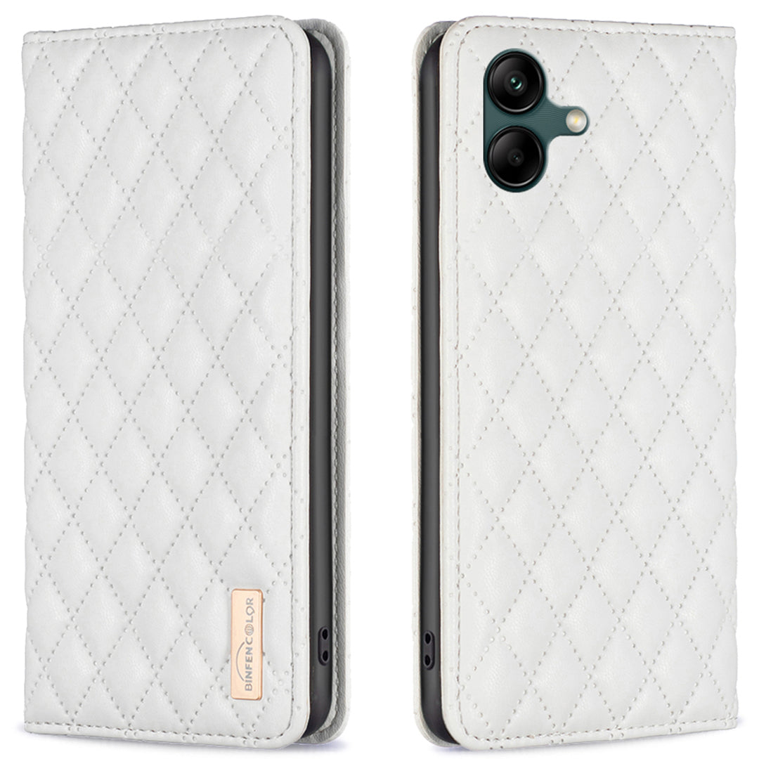 BINFEN COLOR BF Style-16 For Samsung Galaxy A06 Case Card Slots Rhombus Leather Cover - White