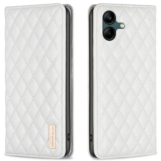 BINFEN COLOR BF Style-16 For Samsung Galaxy A06 Case Card Slots Rhombus Leather Cover - White