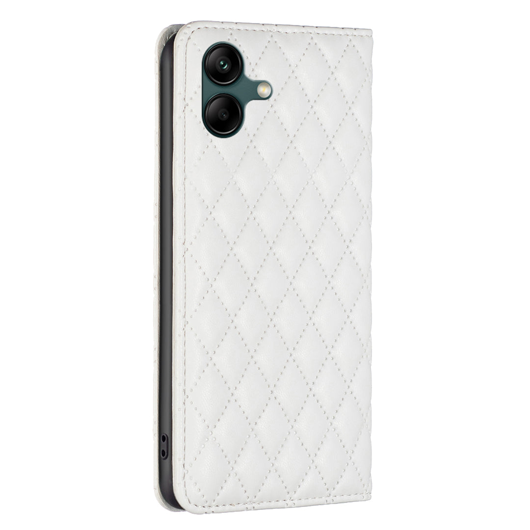 BINFEN COLOR BF Style-16 For Samsung Galaxy A06 Case Card Slots Rhombus Leather Cover - White