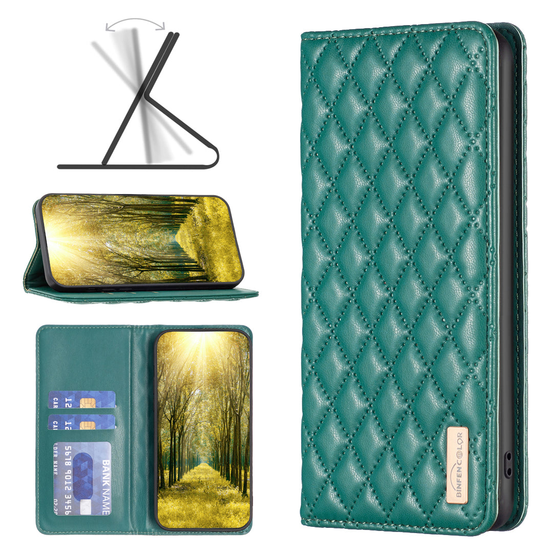 BINFEN COLOR BF Style-16 For Samsung Galaxy A06 Case Card Slots Rhombus Leather Cover - Green