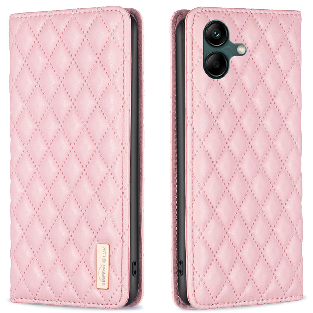 BINFEN COLOR BF Style-16 For Samsung Galaxy A06 Case Card Slots Rhombus Leather Cover - Pink