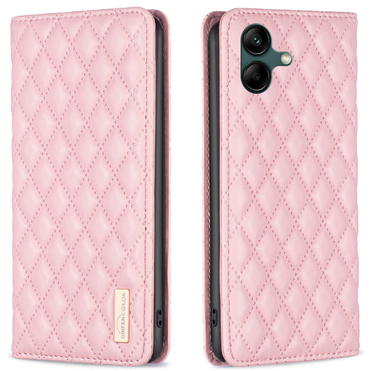 BINFEN COLOR BF Style-16 For Samsung Galaxy A06 Case Card Slots Rhombus Leather Cover - Pink