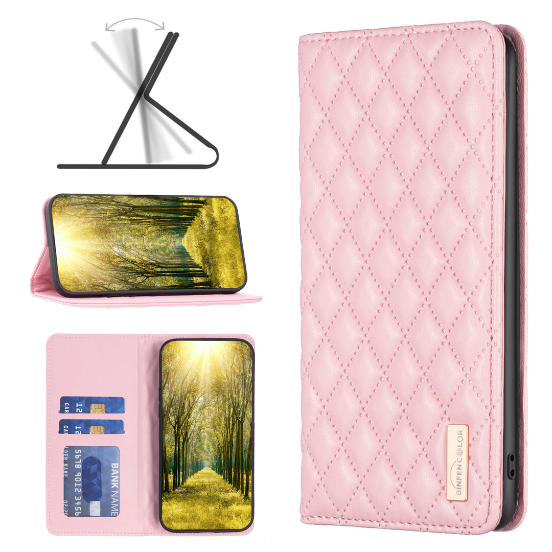 BINFEN COLOR BF Style-16 For Samsung Galaxy A06 Case Card Slots Rhombus Leather Cover - Pink