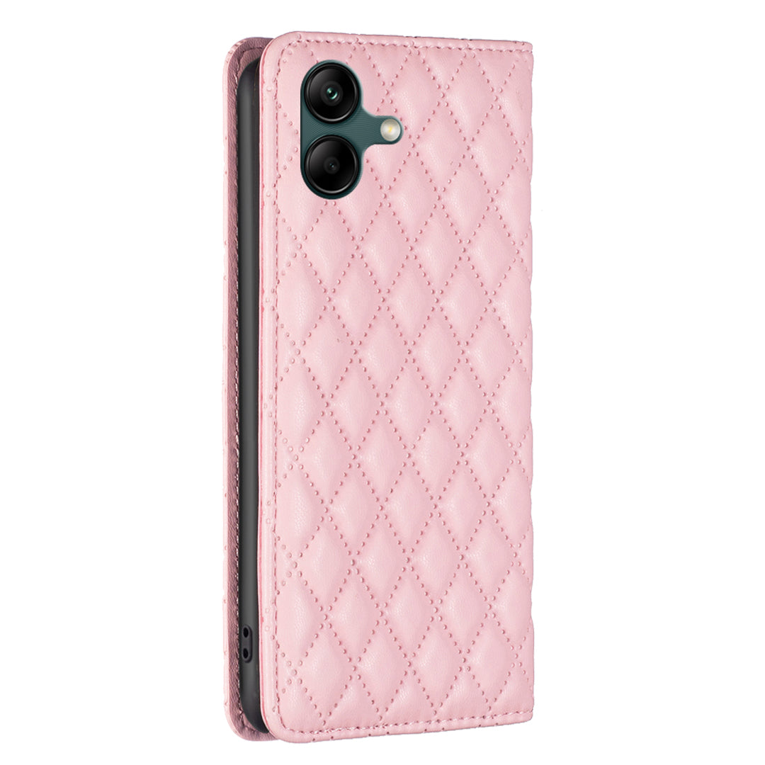 BINFEN COLOR BF Style-16 For Samsung Galaxy A06 Case Card Slots Rhombus Leather Cover - Pink