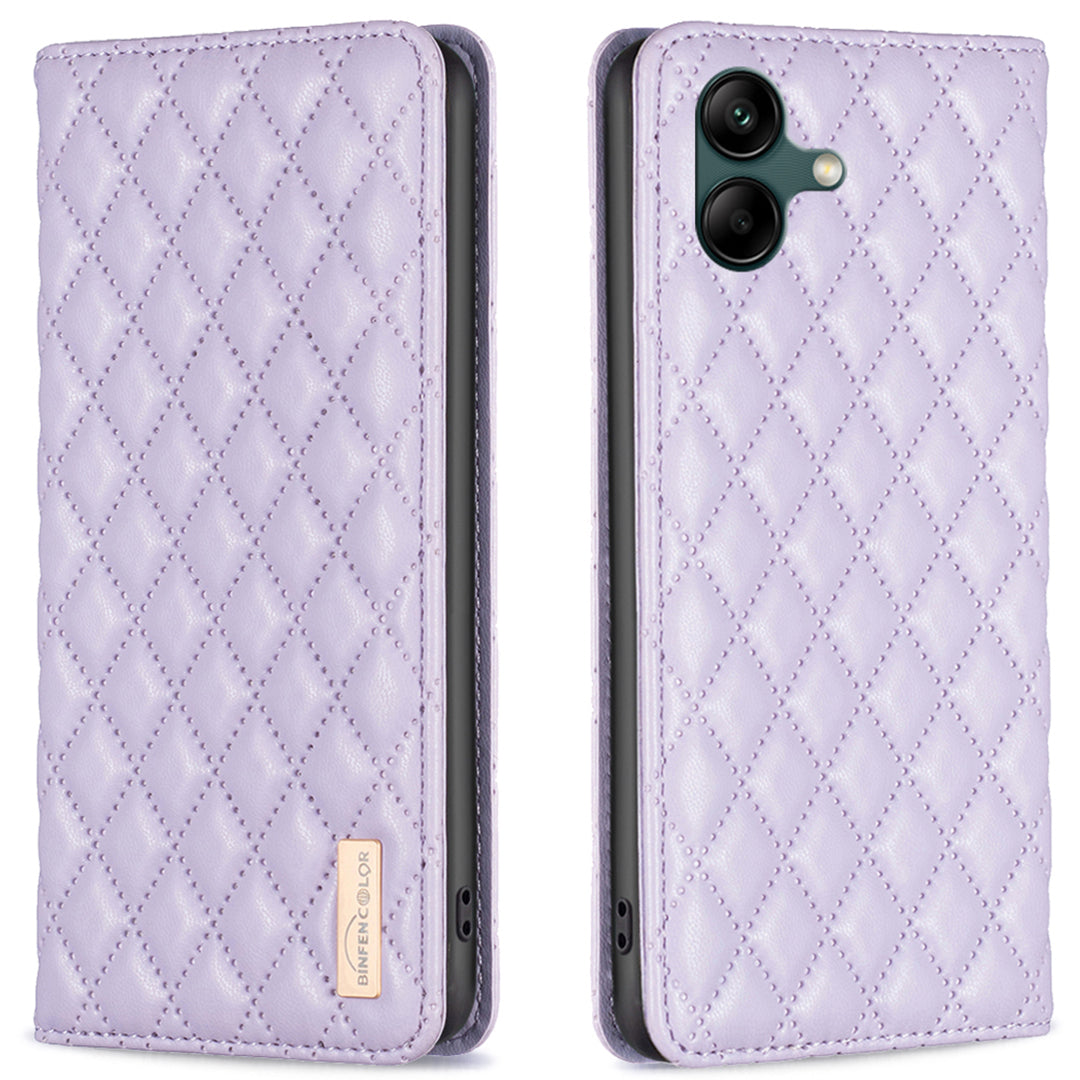 BINFEN COLOR BF Style-16 For Samsung Galaxy A06 Case Card Slots Rhombus Leather Cover - Purple