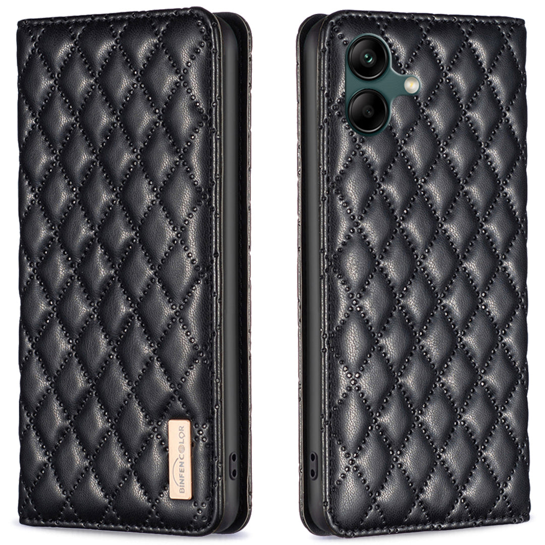 BINFEN COLOR BF Style-16 For Samsung Galaxy A06 Case Card Slots Rhombus Leather Cover - Black