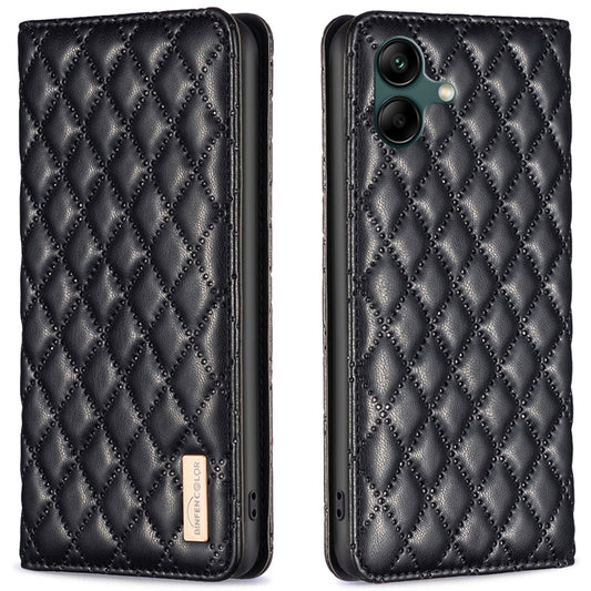 BINFEN COLOR BF Style-16 For Samsung Galaxy A06 Case Card Slots Rhombus Leather Cover - Black