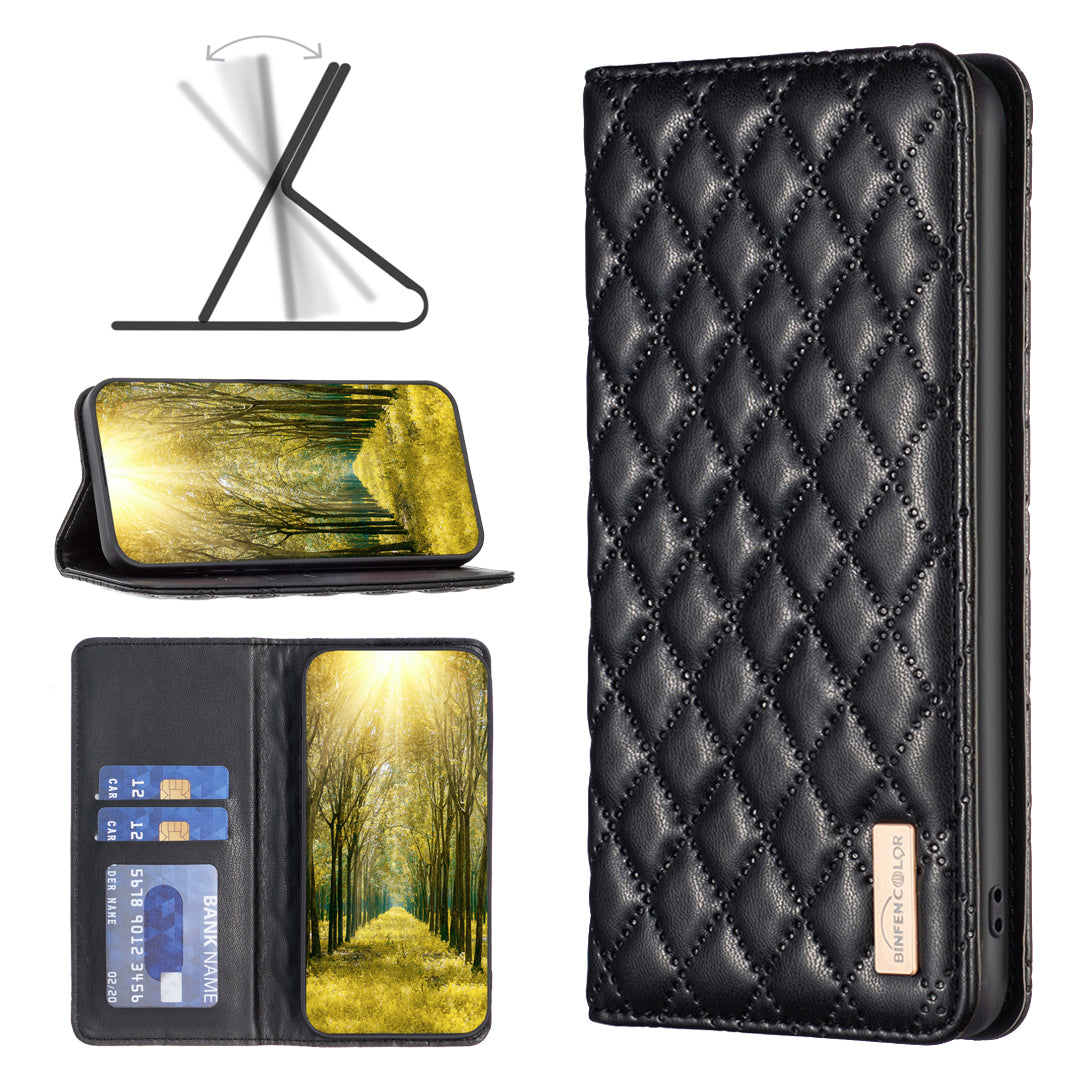 BINFEN COLOR BF Style-16 For Samsung Galaxy A06 Case Card Slots Rhombus Leather Cover - Black
