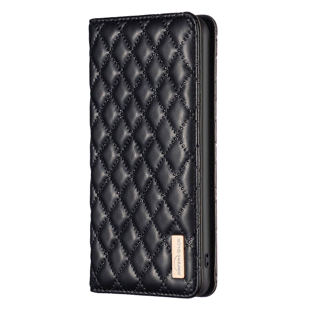 BINFEN COLOR BF Style-16 For Samsung Galaxy A06 Case Card Slots Rhombus Leather Cover - Black