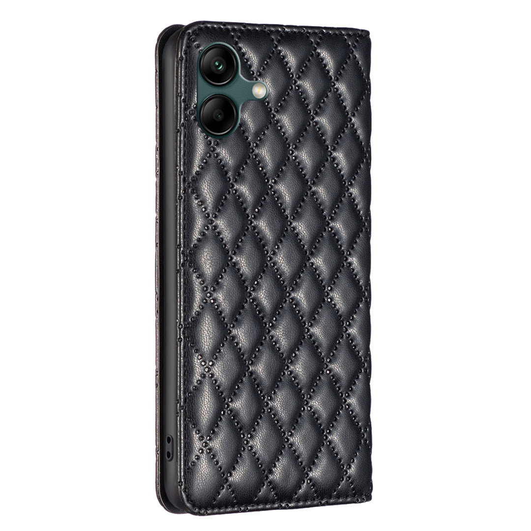 BINFEN COLOR BF Style-16 For Samsung Galaxy A06 Case Card Slots Rhombus Leather Cover - Black