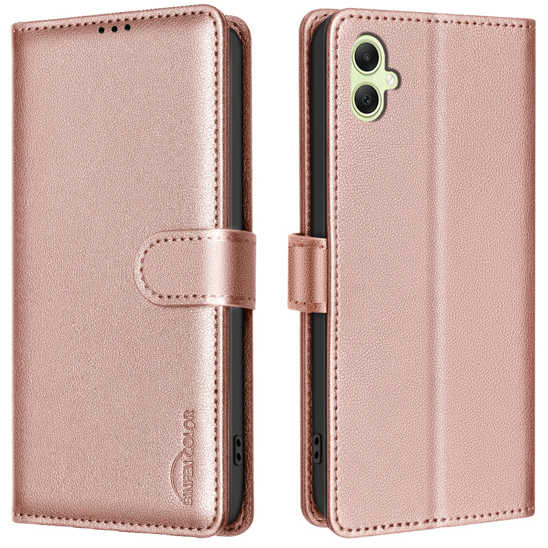 BINFEN COLOR BF32 For Samsung Galaxy A06 Case PU Leather Litchi Texture Phone Cover - Rose Gold