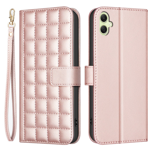 BINFEN COLOR BF34 for Samsung Galaxy A06 Case Wallet PU Leather Cover Square Grid Pattern - Rose Gold