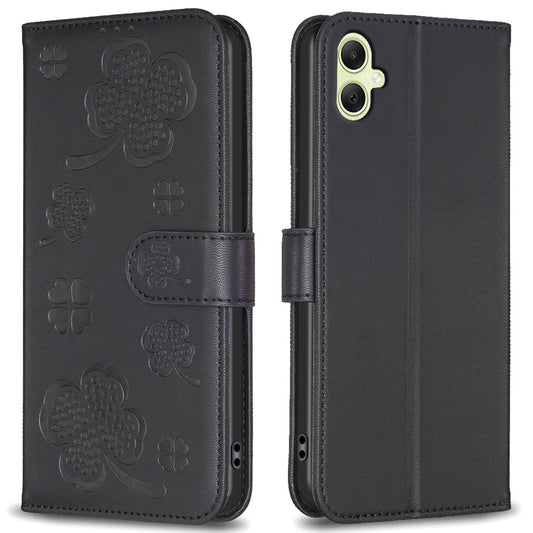 For Samsung Galaxy A06 Case PU Leather Wallet Stand Phone Cover Clover Pattern - Black