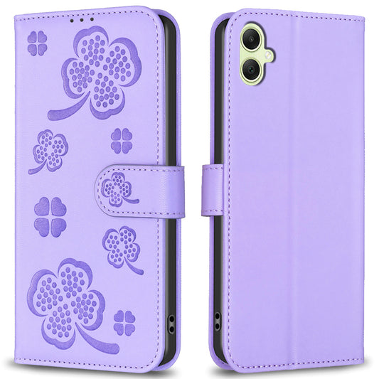 For Samsung Galaxy A06 Case PU Leather Wallet Stand Phone Cover Clover Pattern - Purple
