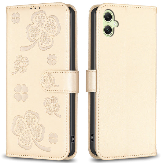 For Samsung Galaxy A06 Case PU Leather Wallet Stand Phone Cover Clover Pattern - Gold