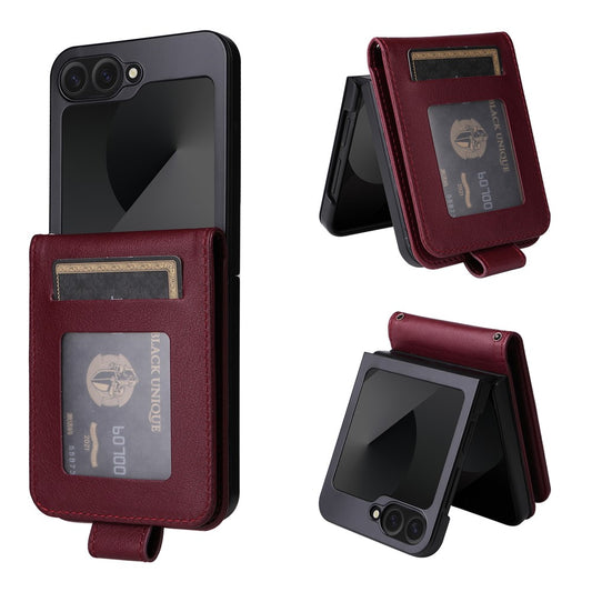 For Samsung Galaxy Z Flip7 FE 5G / Z Flip6 5G Case PU Leather Card Holder Folding Phone Cover - Wine Red