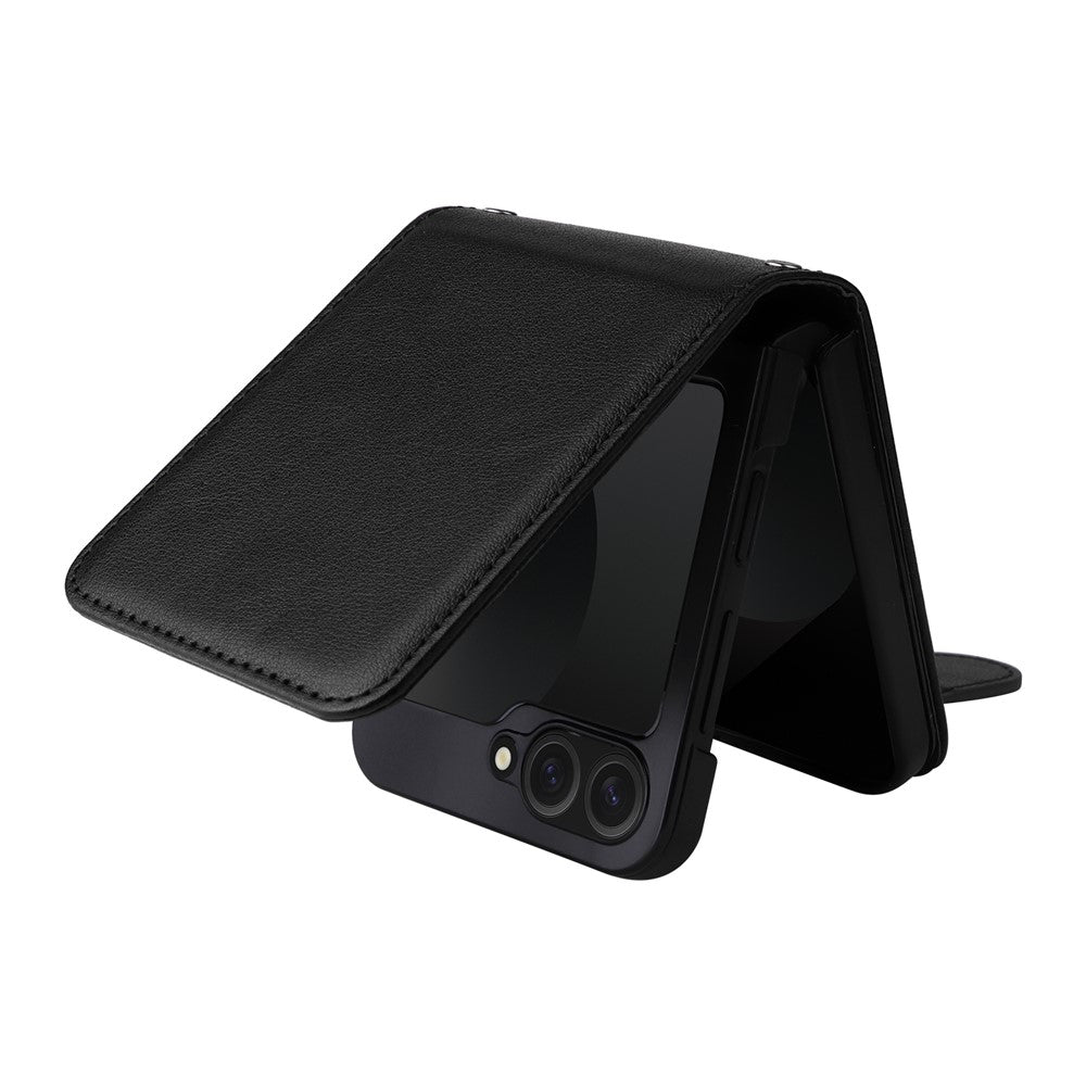 For Samsung Galaxy Z Flip7 FE 5G / Z Flip6 5G Case PU Leather Card Holder Folding Phone Cover - Black