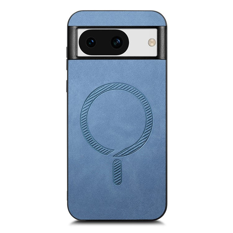 For Google Pixel 8a Leather Back Case Compatible with MagSafe Skin-touch Phone Cover - Blue