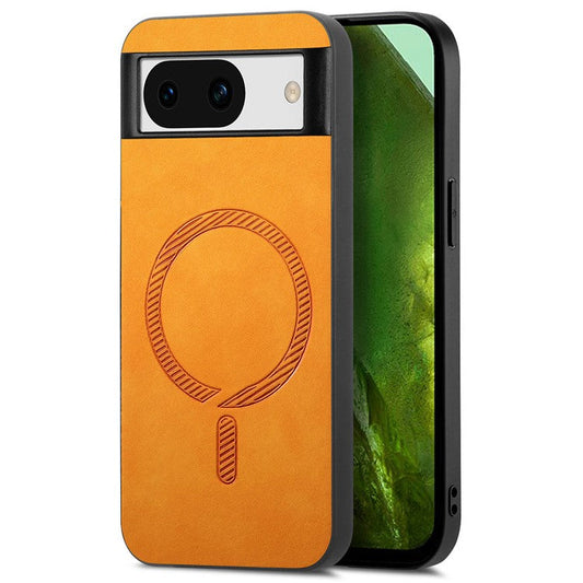 For Google Pixel 8a Leather Back Case Compatible with MagSafe Skin-touch Phone Cover - Yellow