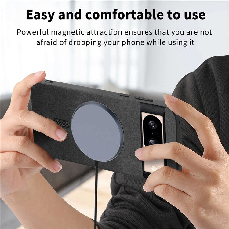 For Google Pixel 8 Leather Back Case Compatible with MagSafe Skin-touch Phone Cover - Black