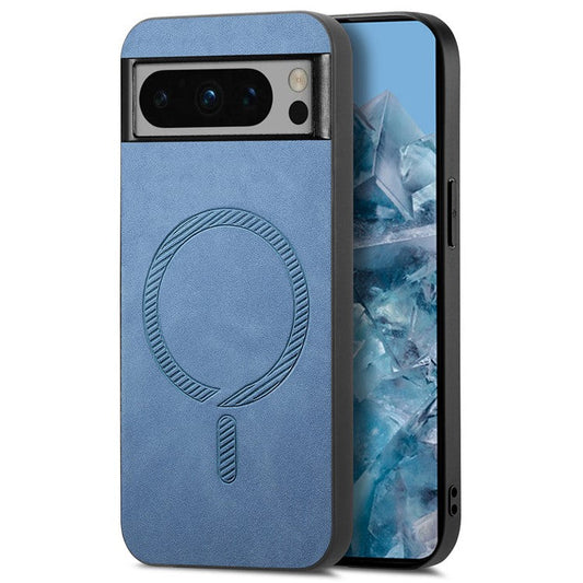 For Google Pixel 8 Pro Leather Back Case Compatible with MagSafe Skin-touch Phone Cover - Blue