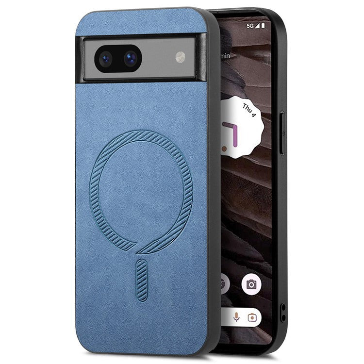 For Google Pixel 7a Leather Back Case Compatible with MagSafe Skin-touch Phone Cover - Blue