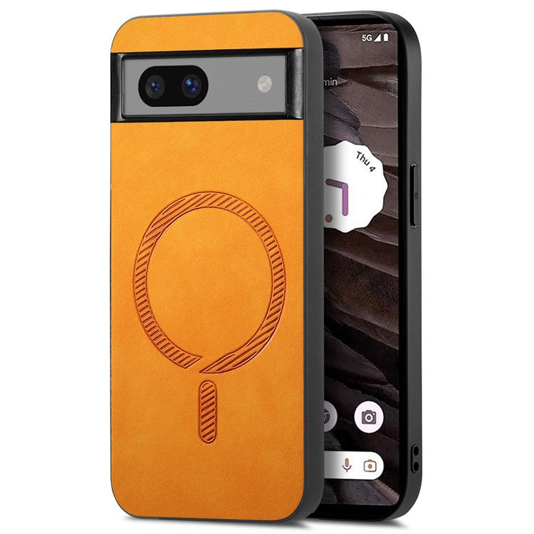 For Google Pixel 7a Leather Back Case Compatible with MagSafe Skin-touch Phone Cover - Yellow