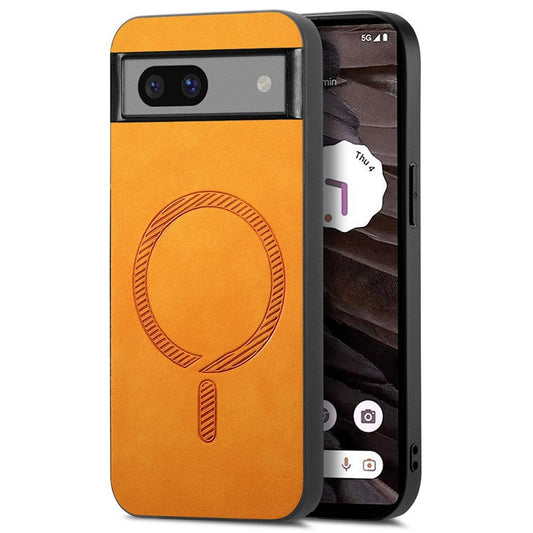 For Google Pixel 7a Leather Back Case Compatible with MagSafe Skin-touch Phone Cover - Yellow