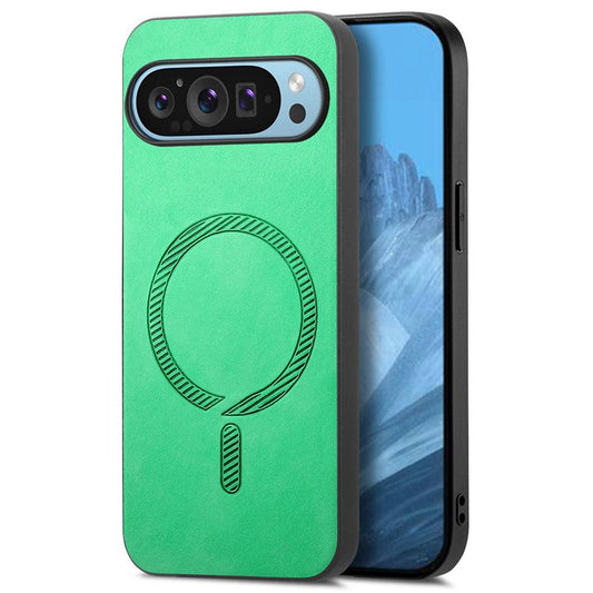 For Google Pixel 9 Pro  /  Pixel 9 Leather Back Case Compatible with MagSafe Skin-Touch Phone Cover - Green