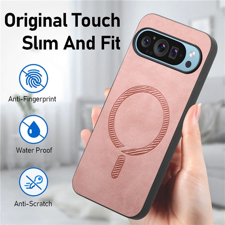 For Google Pixel 9 Pro  /  Pixel 9 Leather Back Case Compatible with MagSafe Skin-touch Phone Cover - Pink