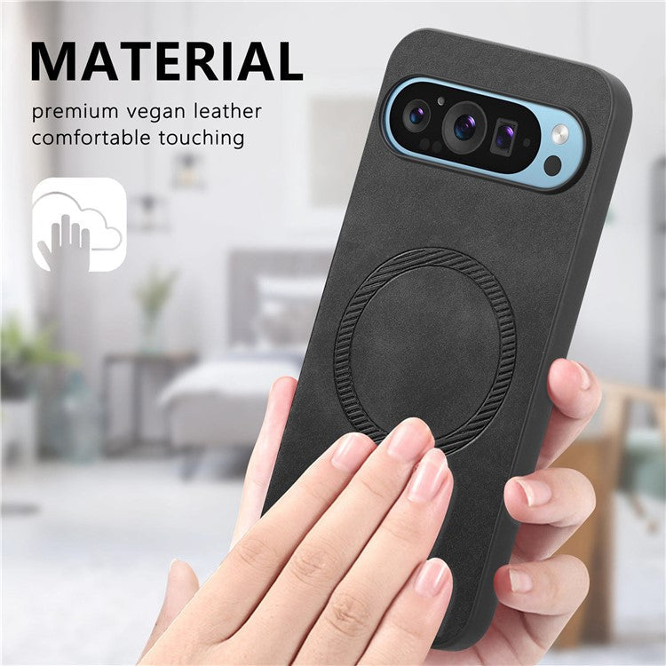 For Google Pixel 9 Pro  /  Pixel 9 Leather Back Case Compatible with MagSafe Skin-touch Phone Cover - Black