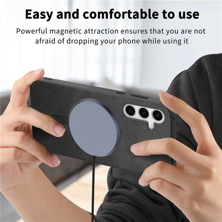 For Samsung Galaxy S24+ Leather Back Case Compatible with MagSafe Skin-touch Phone Cover - Black