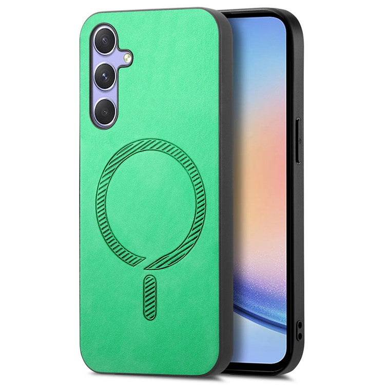 For Samsung Galaxy A34 5G Leather Back Case Compatible with MagSafe Skin-Touch Phone Cover - Green