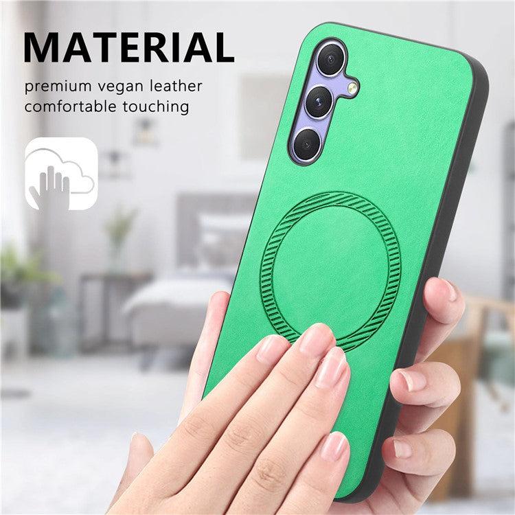 For Samsung Galaxy A34 5G Leather Back Case Compatible with MagSafe Skin-Touch Phone Cover - Green